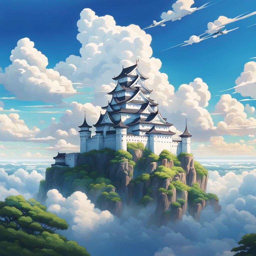 Floating Japanese Castle in Anime Style