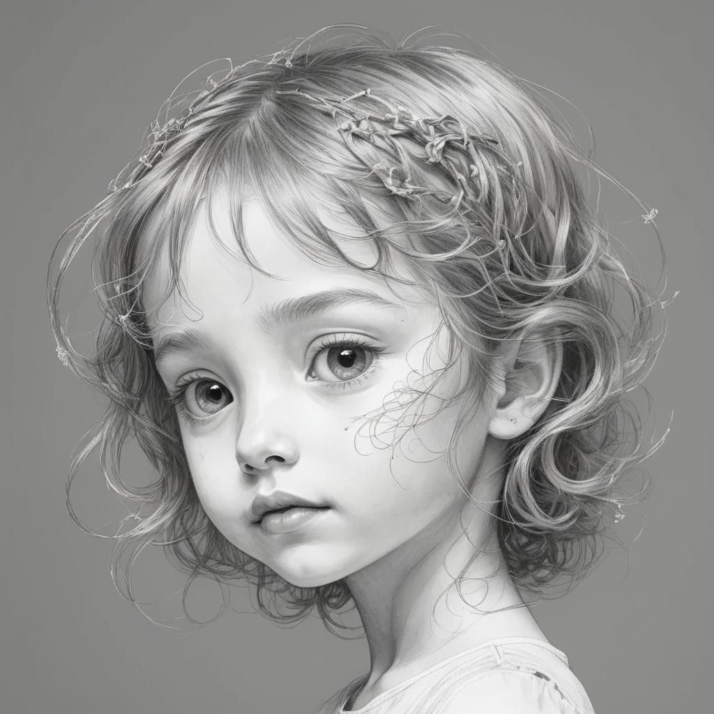 Child's Face with Delicate Tendrils in Fine Line Style