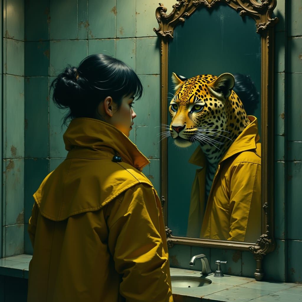 Woman Encounters Leopard Reflection in Ornate Mirror