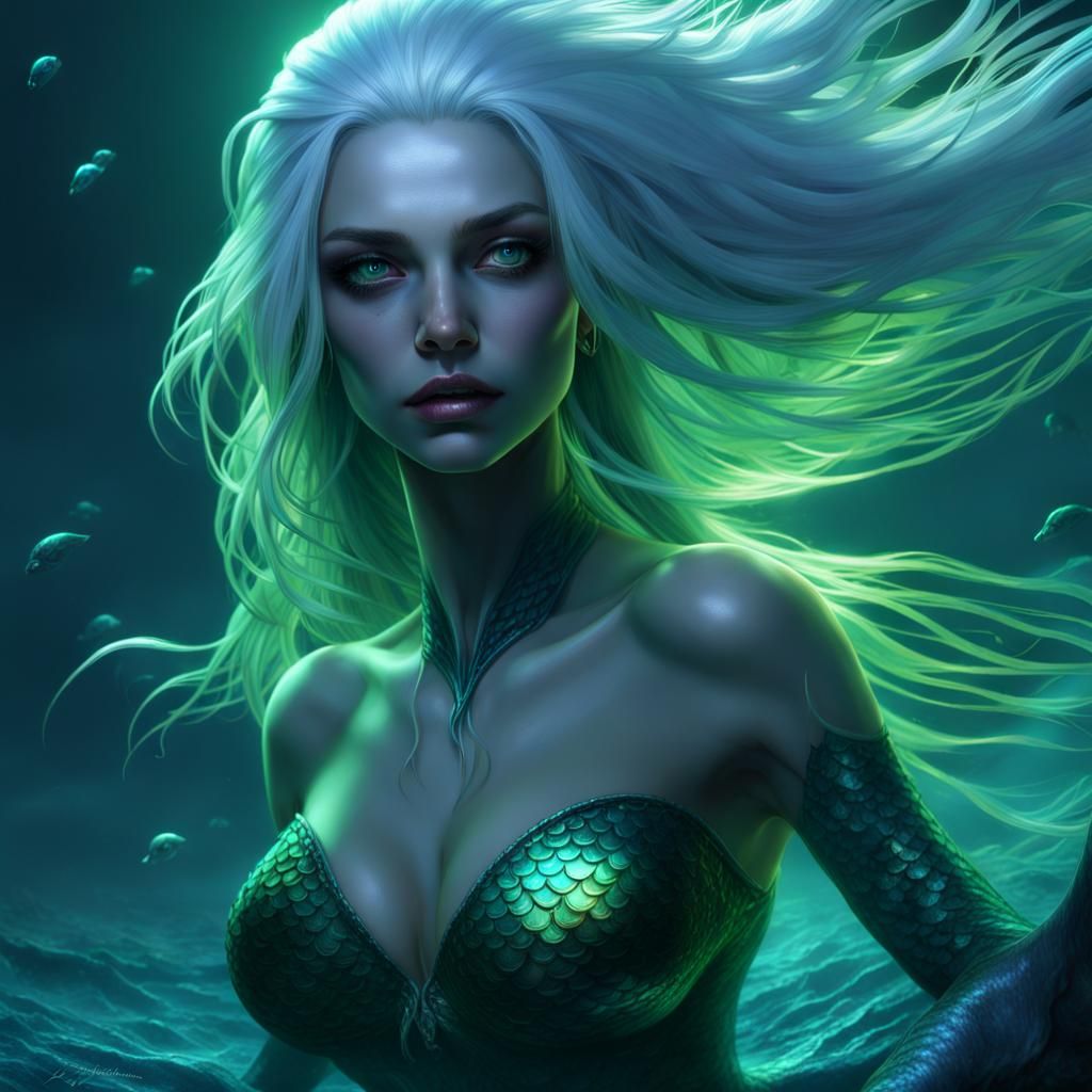 Evil Mermaid in Deep Ocean Fantasy Art