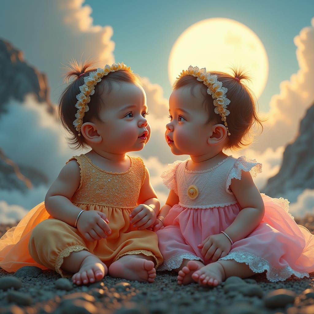 Adorable Twin Babies in Dreamlike Landscape as Digital Paint...