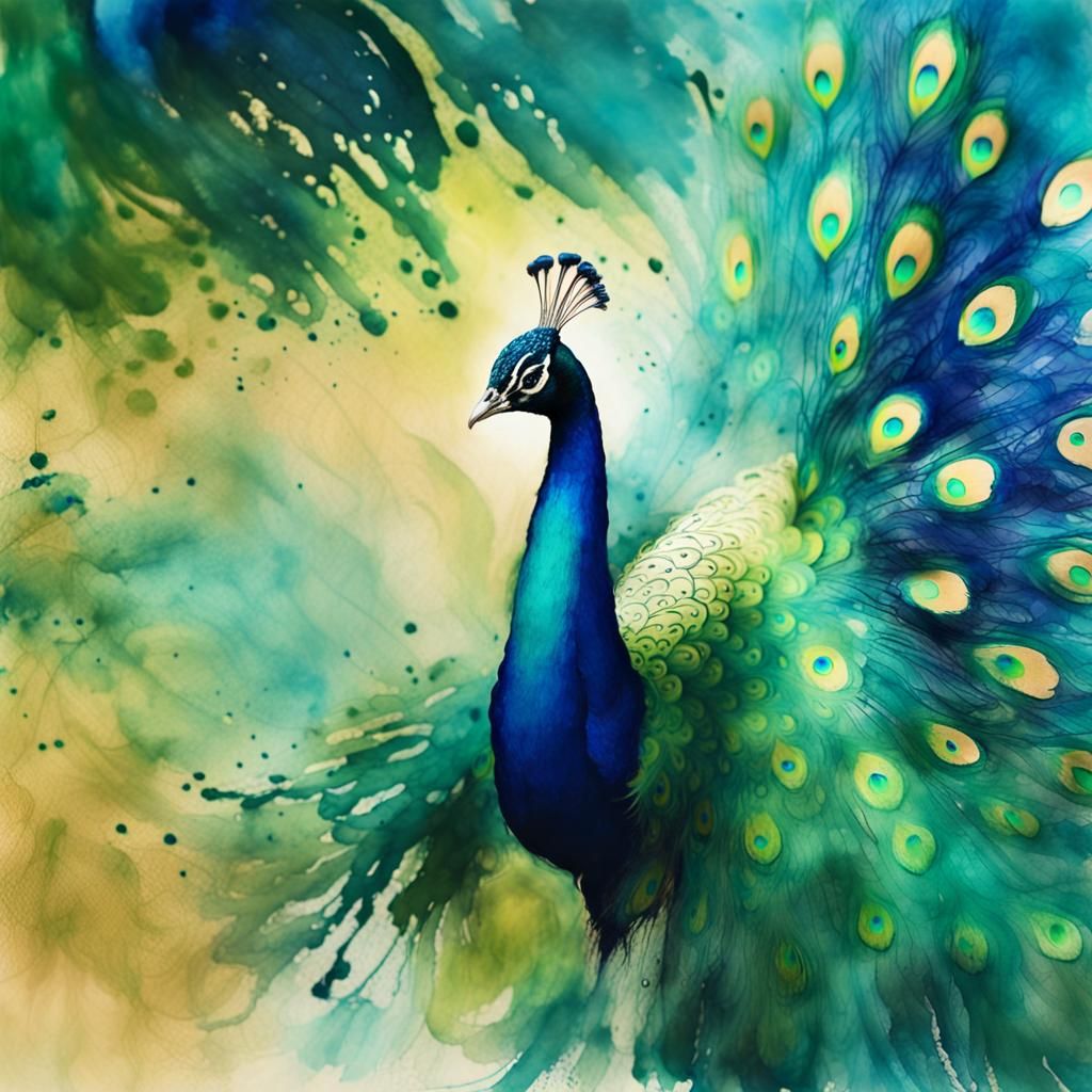 Ink Splatter Peacock (in the style of Zao Wou-Ki)