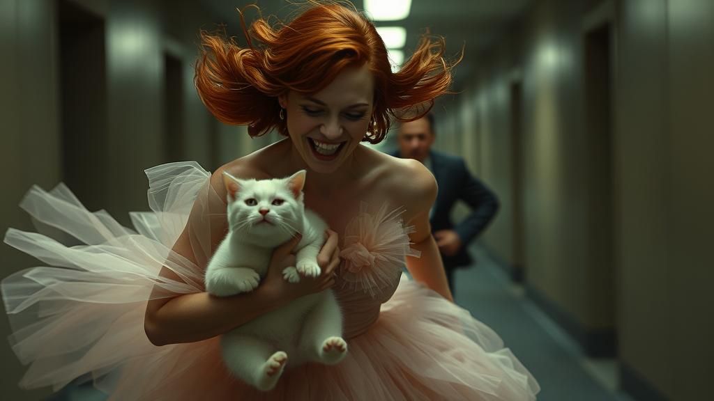 Woman Running with Cat in Hyper-Realistic Style