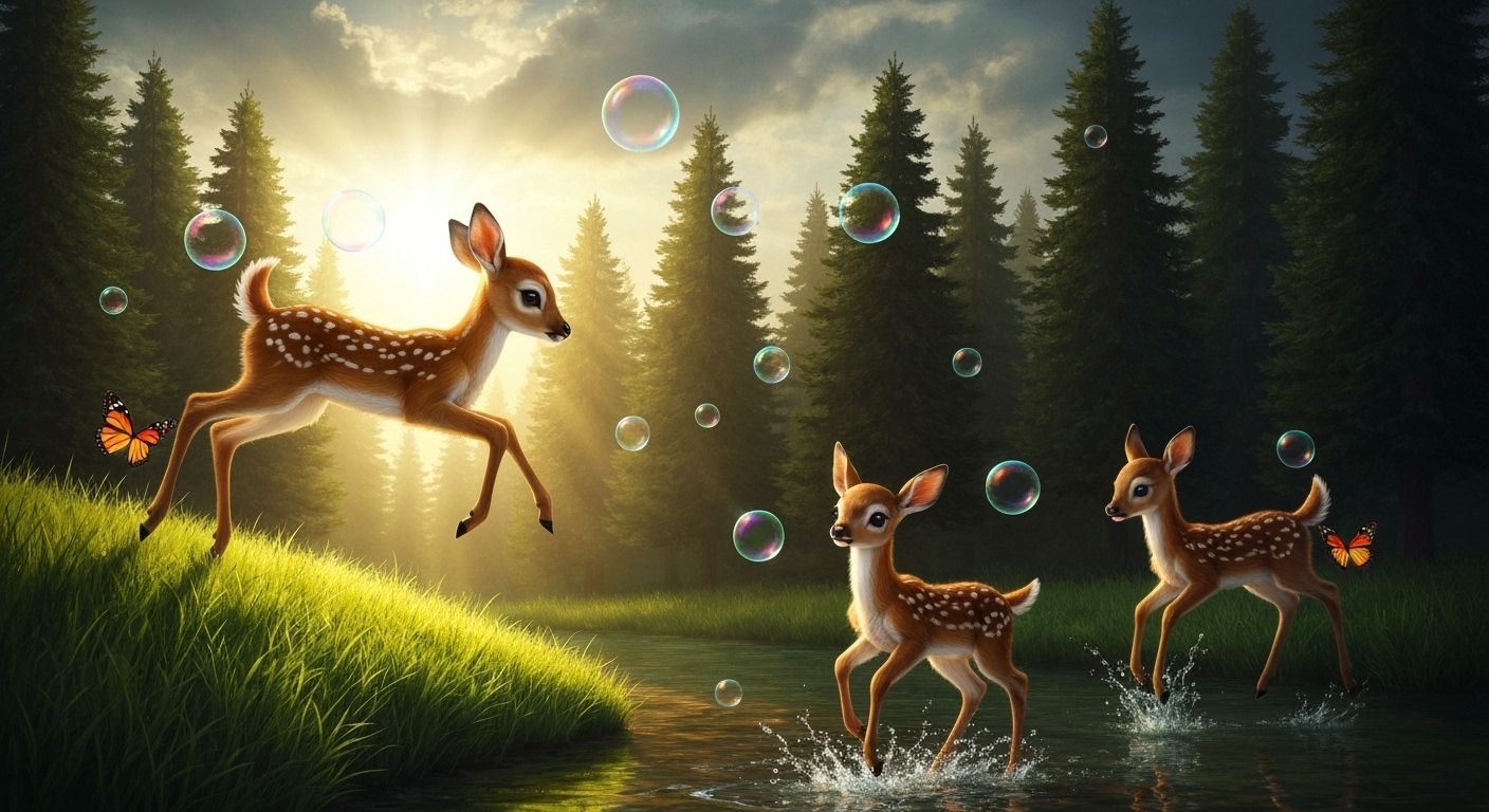 Fairytale Forest Fawns in Stream, Oil Painting Style