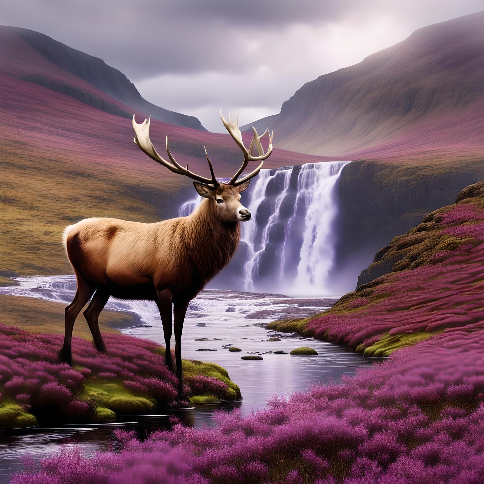Scottish Highlands Stag by Waterfall
