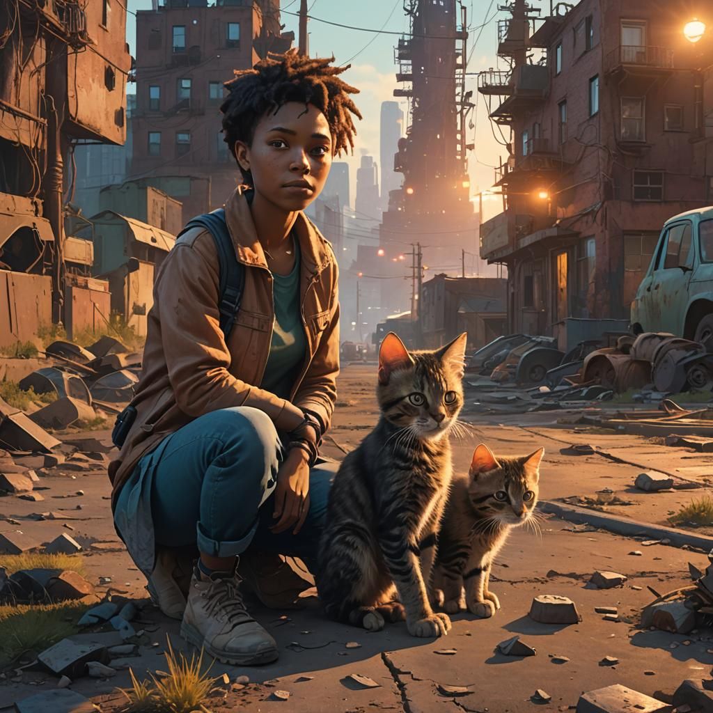 Boy and Cat in Wasteland, Fantasy Matte Painting