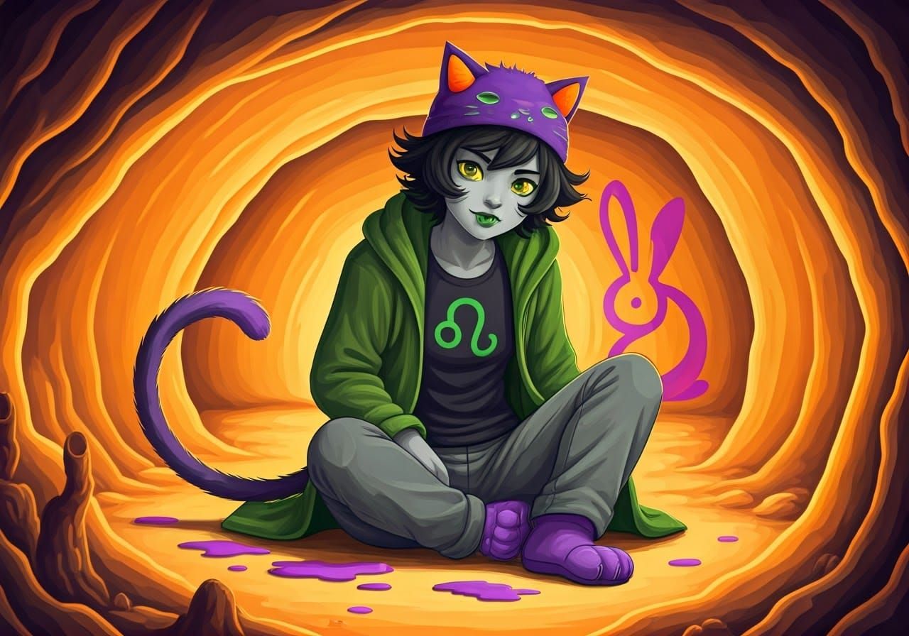 Mischievous Troll Catgirl Artist in Olive-Green Coat and Vio...