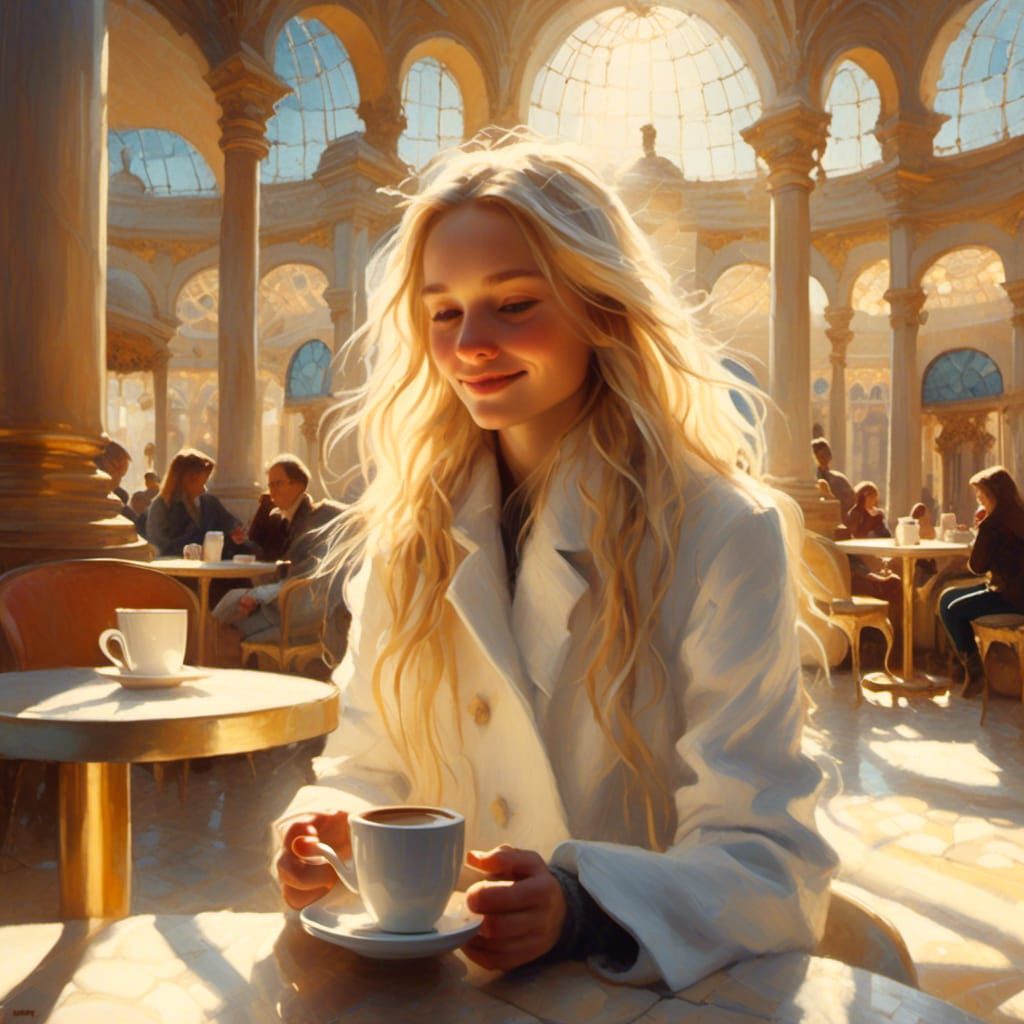 Girl in Sunlit Cafe: Impressionistic Morning Coffee