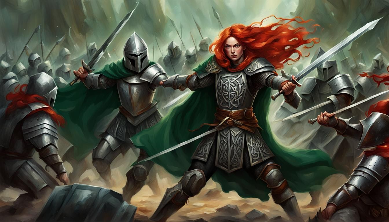 Celtic Warrior Woman Battles Knights: Sinister Art