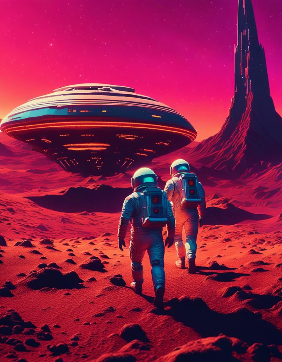 Astronauts on Alien Planet in Retro-Futuristic Style