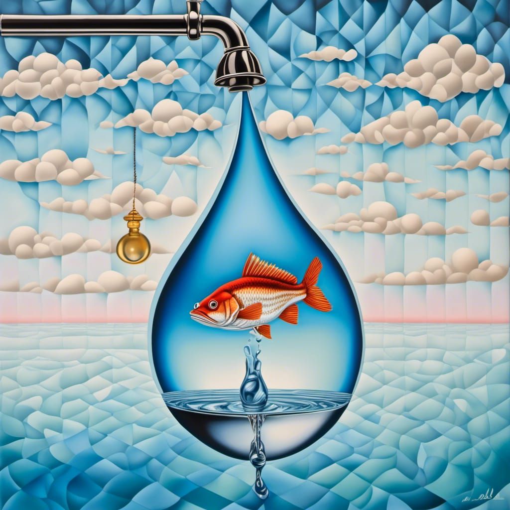 Surreal Water Drop Redfish in Kitchen, Salvador Dali Style