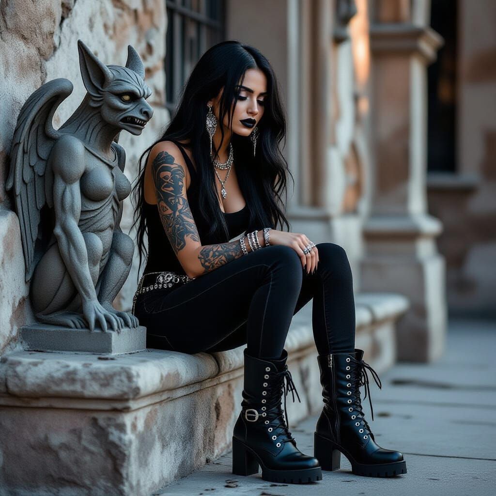 Sorrowful Gothic Woman Beside Gargoyle