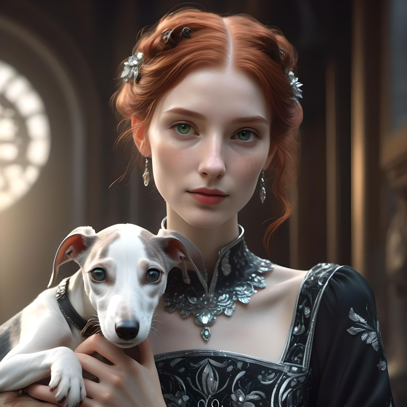 Woman with Greyhound Puppy, Hyperdetailed Portrait