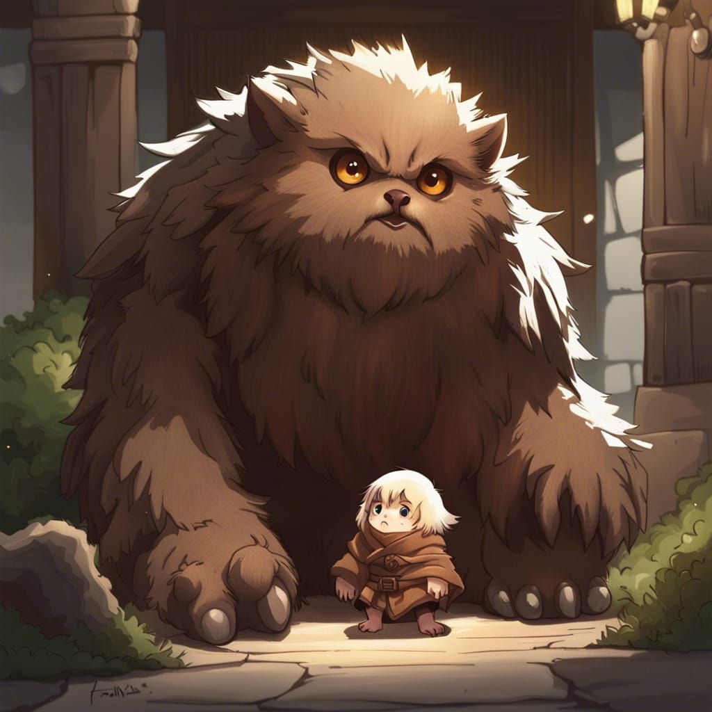 Anime Style: Baby Owlbear Protecting Halfling Monk
