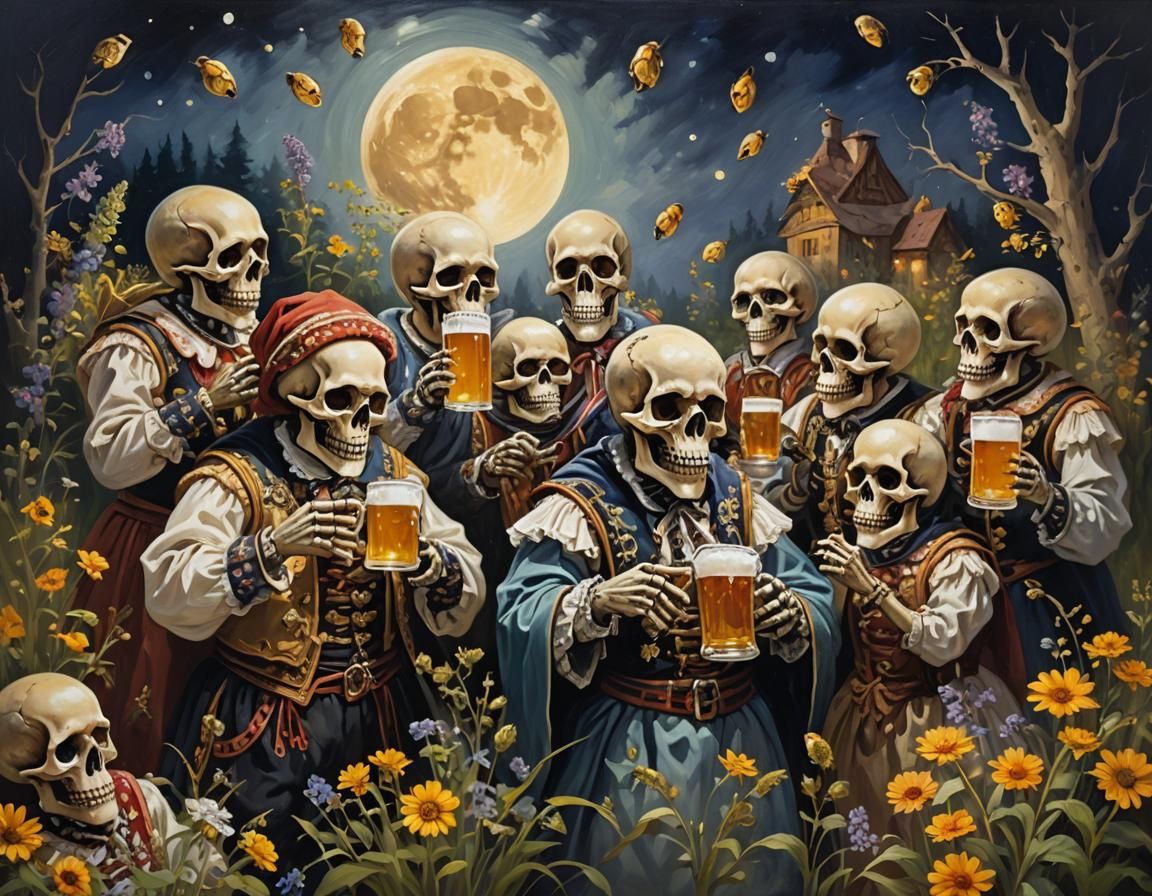 Oktoberfest Ghosts Celebrate with Beer: Oil Painting