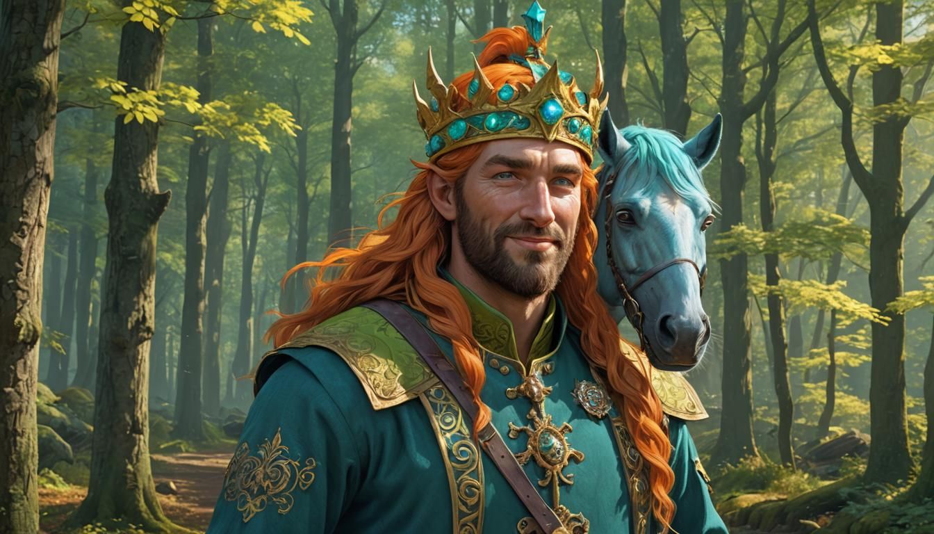 Handsome Horse Hybrid with Golden Bow in Forest