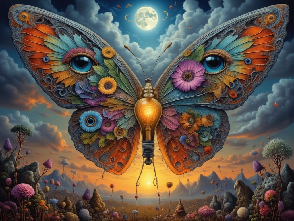 Surreal Forest Fire Landscape with Flower Faces