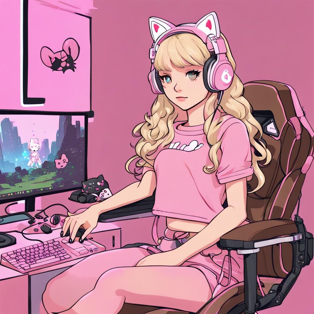 E-Girl in Pink Gaming Room, Detailed Digital Art