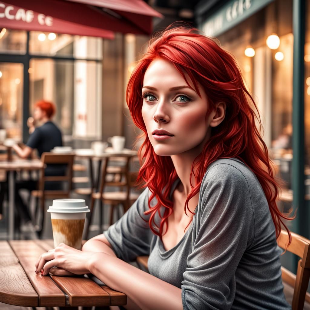 Hyperrealistic Redhead at Cafe: Detailed HDR Portrait