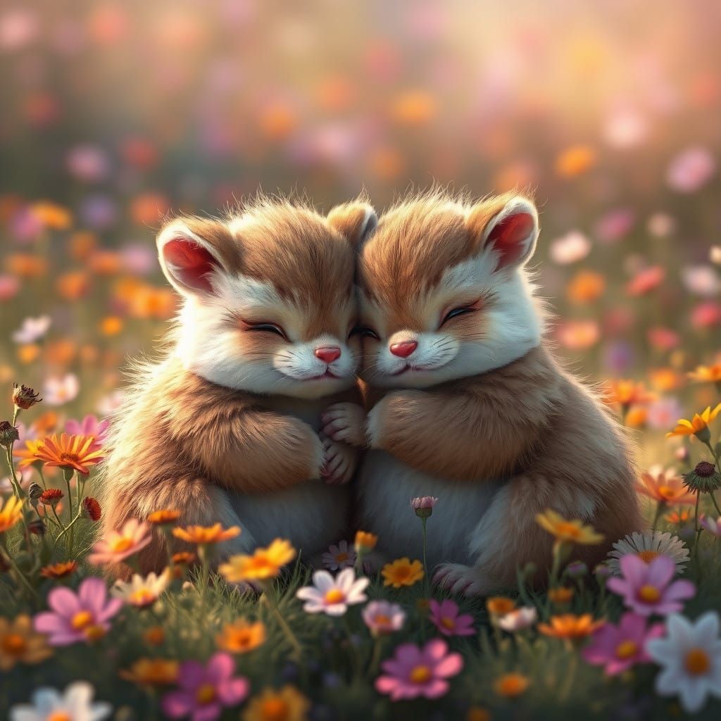Whimsical Furry Friends Embrace in a Vibrant Meadow