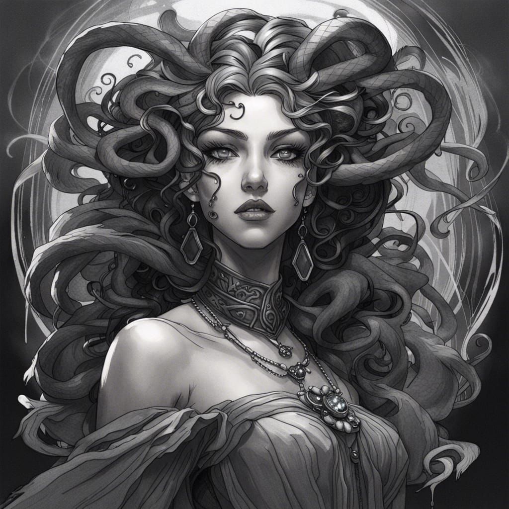 Medusa in Victorian Dress: Ink and Pencil Art