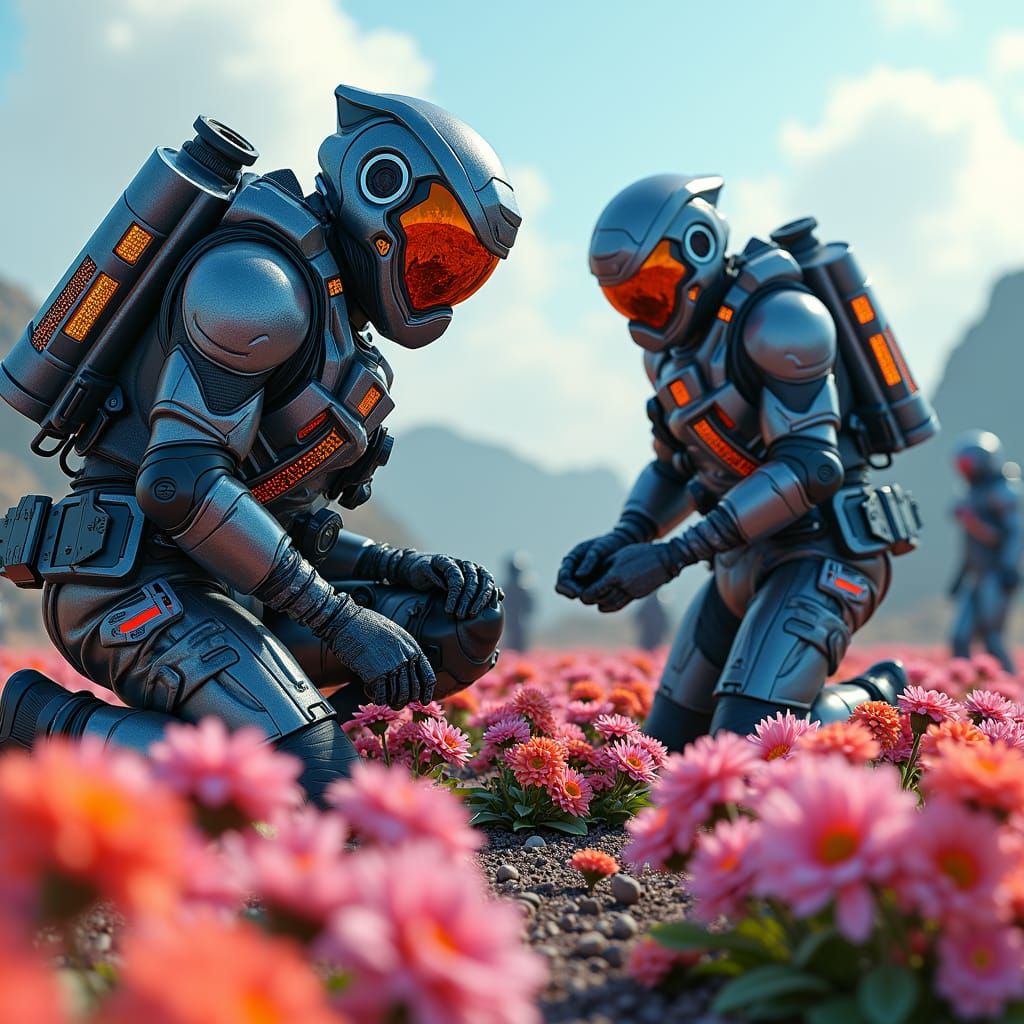 Futuristic Soldiers Cultivating Flowers on Battlefield