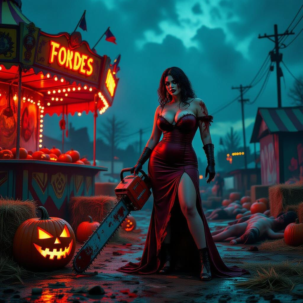 A dark, gritty horror fantasy fairground with pumpkins, hay ...
