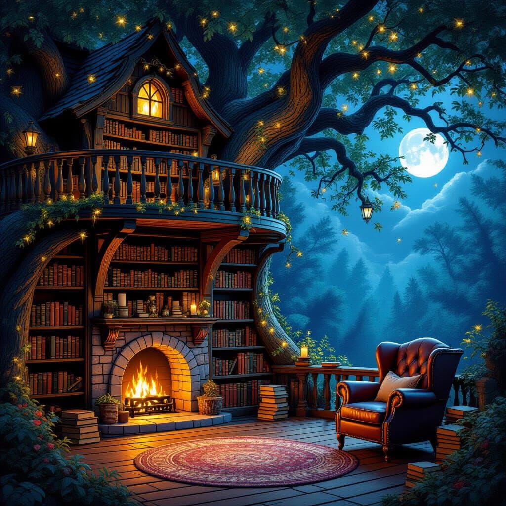 Enchanted Treehouse Library in Moonlit Forest