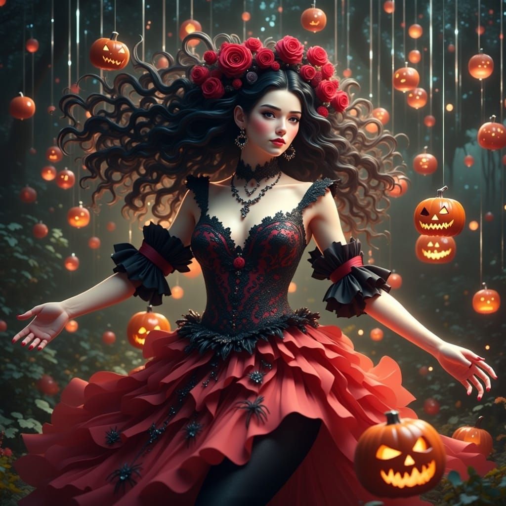 Mystical Maiden Dancing in Halloween Garden