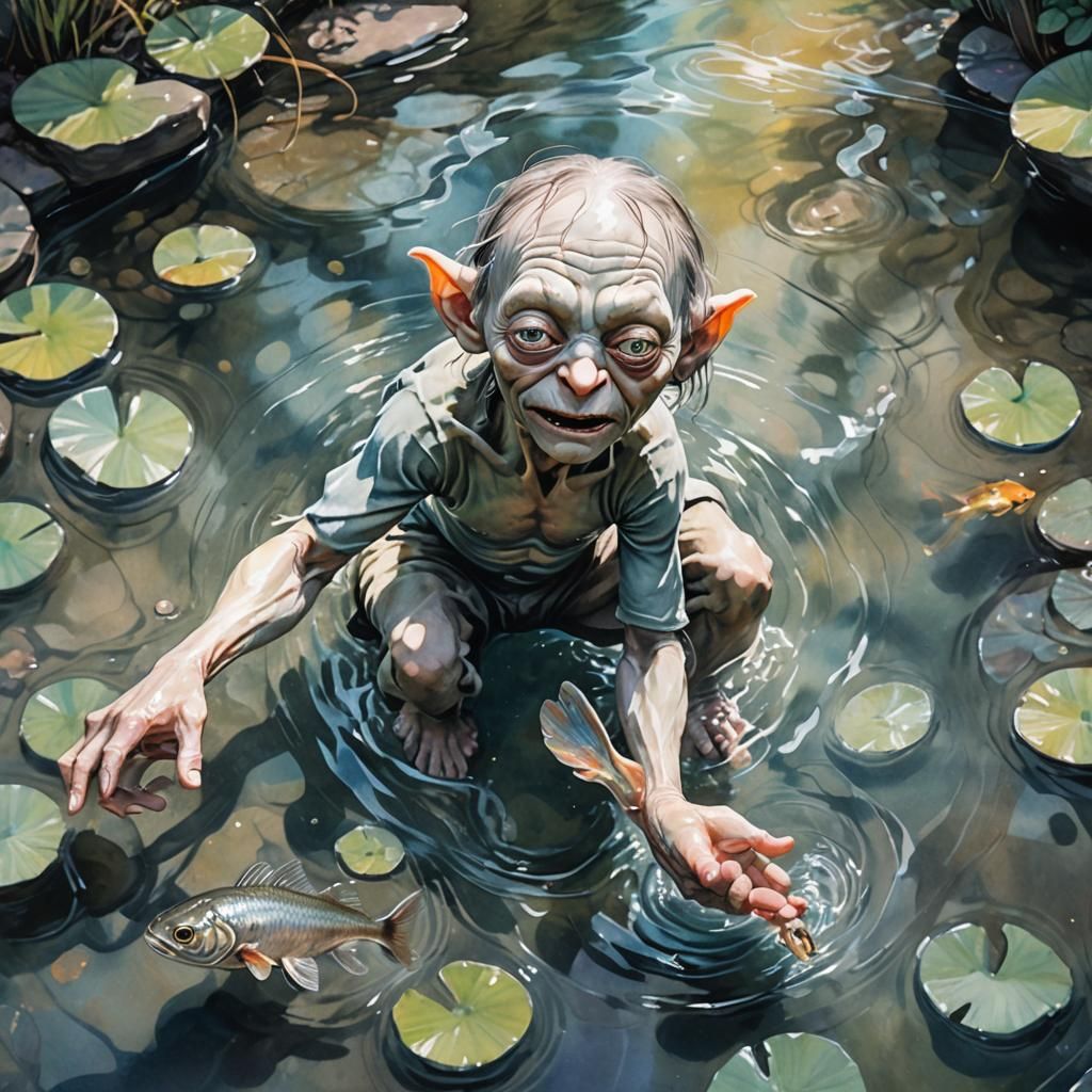 Surreal Watercolor Masterpiece of Gollum Fishing in Peaceful...