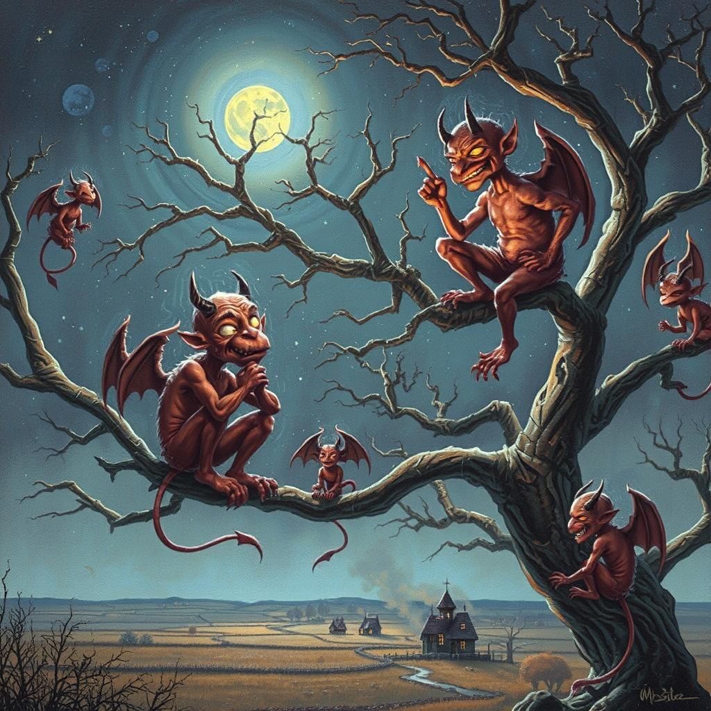 Devils Plotting at Midnight in a Surreal Landscape