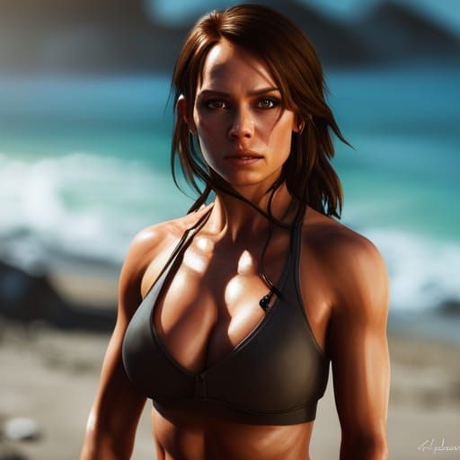 Hyperrealistic Lara Croft Enjoying Vodka on the Beach