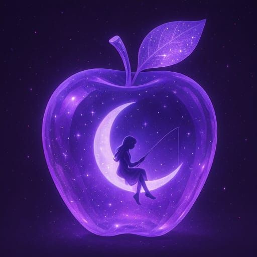 Luminous Crystal Apple with Girl on Crescent Moon