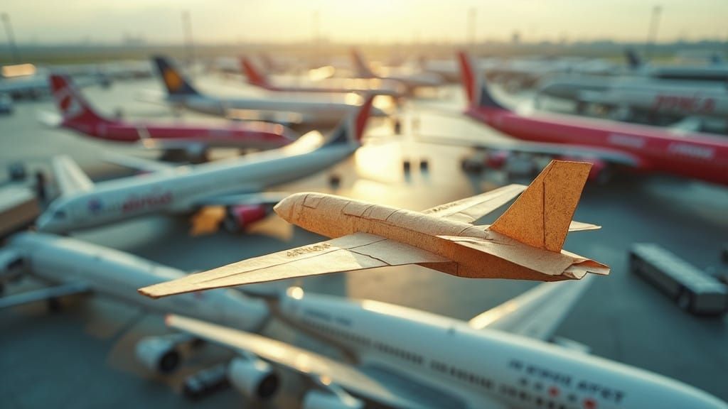 Dreamlike Paper Airplane Takes Flight Amidst Modern Airport...