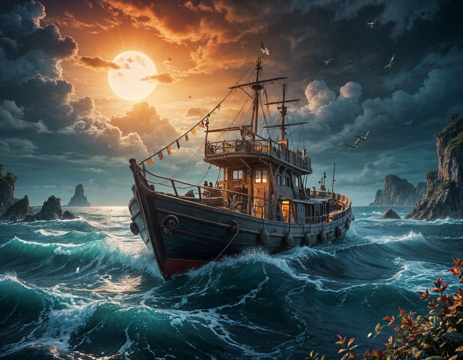 Surreal Cinematic Masterpiece of a Boat on Calm Seas in 8K R...