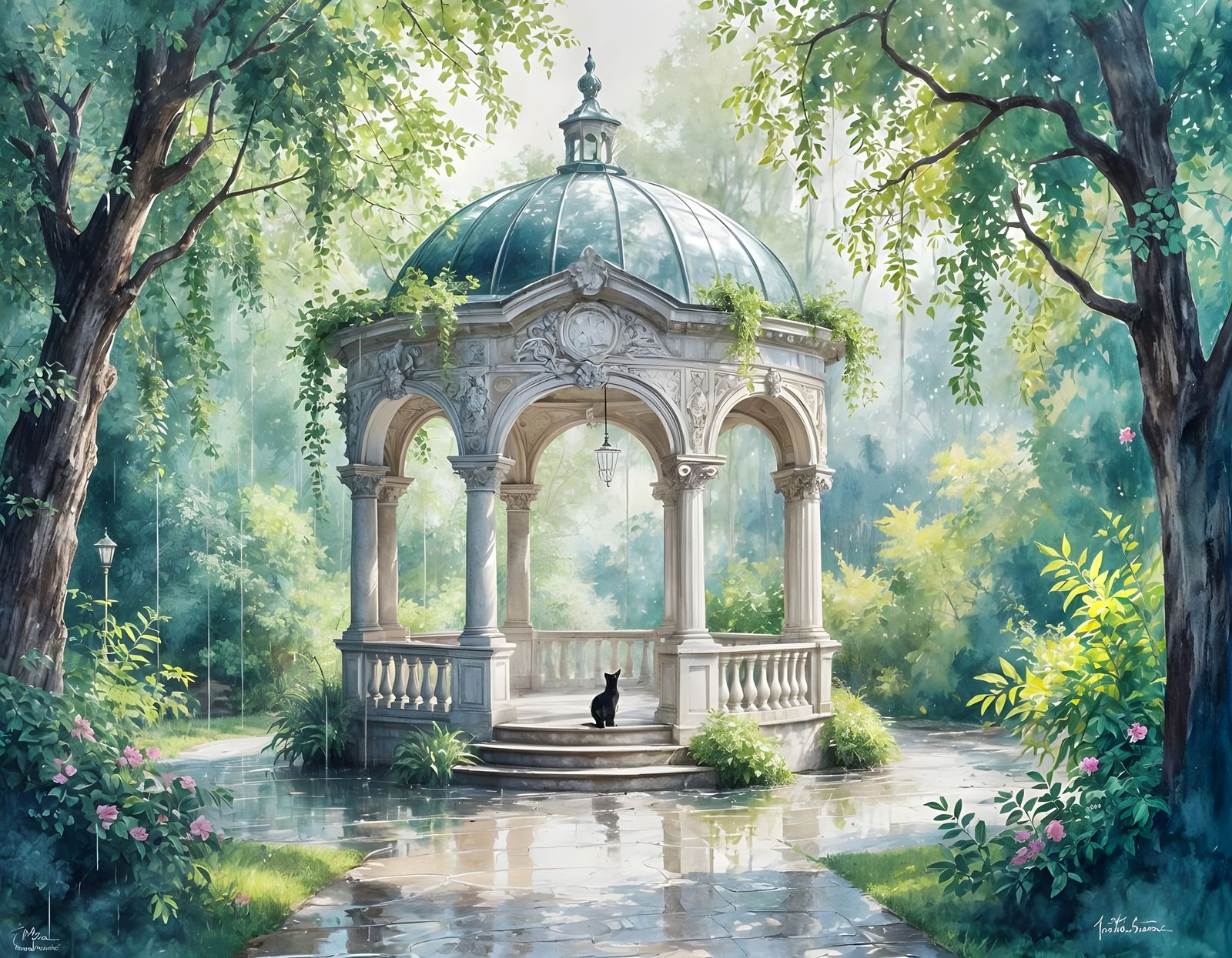Baroque Rococo Gazebo in Summer Rain as Watercolor