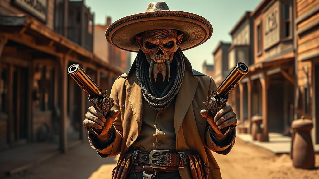 Alien Bounty Hunter in Western Town: Cinematic Action