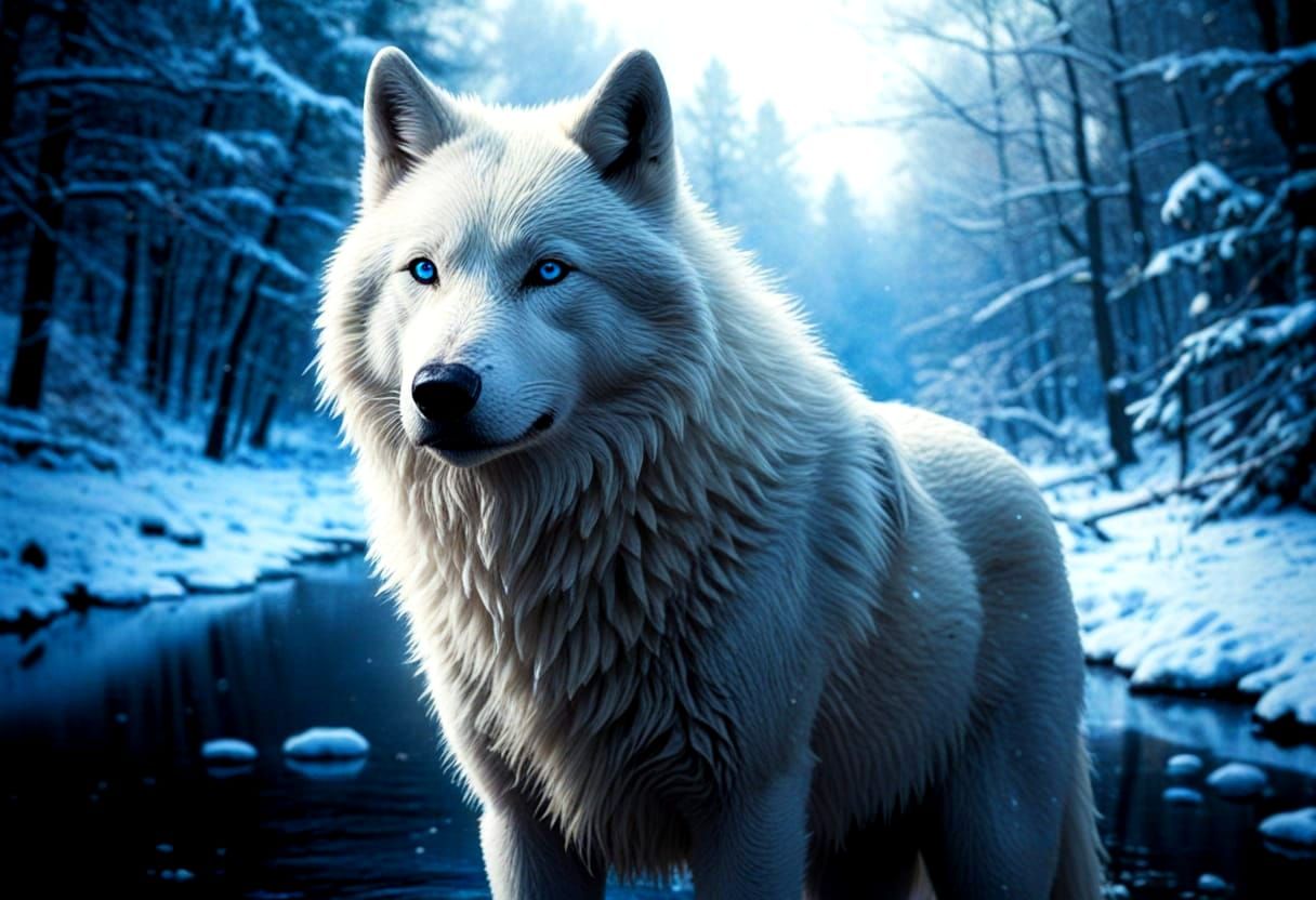 Hyperrealistic White Wolf in Winter Forest