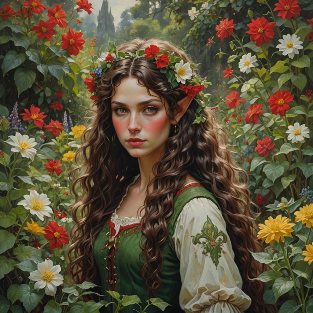 Elf Woman in Flower Garden, Oil Painting
