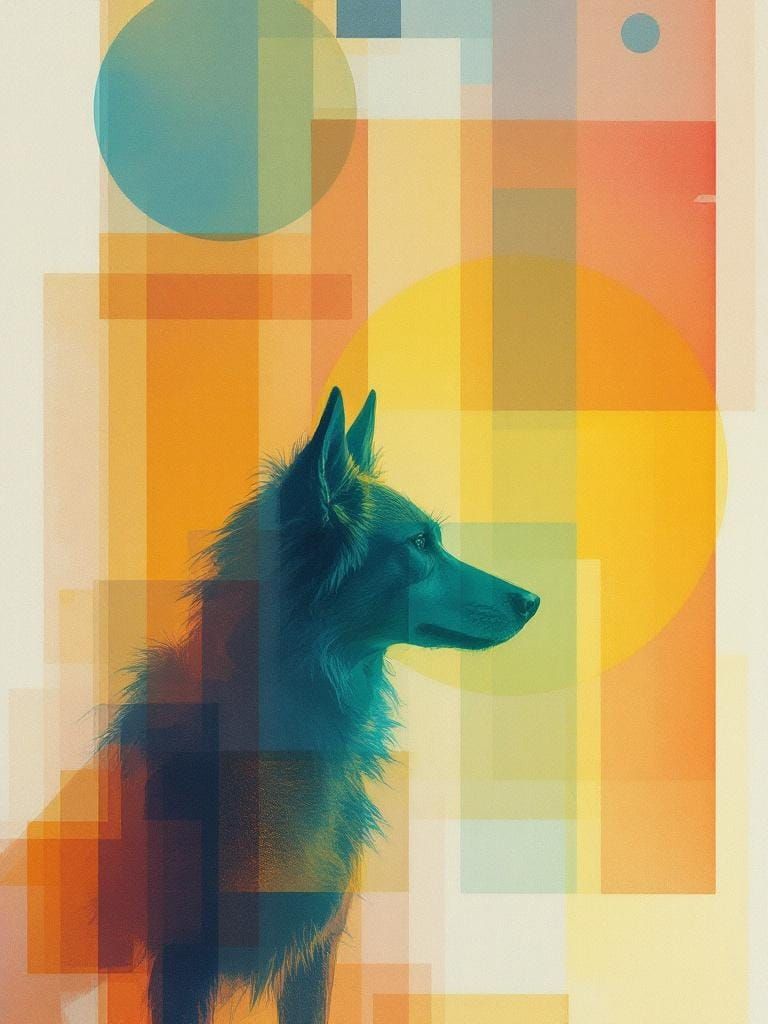 Dog in Sun: Layered Geometric Transparency, Ethereal Flow