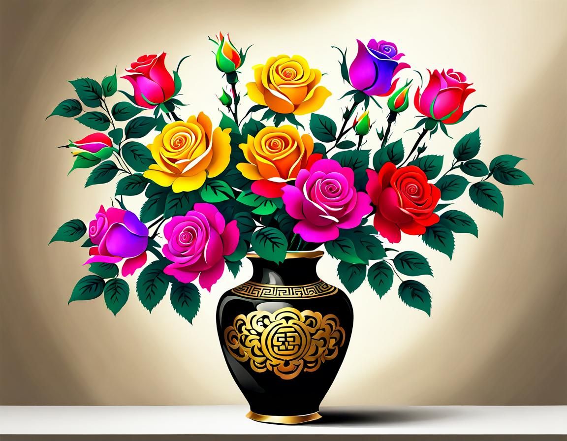 Rainbow Roses in Vase, Chinese Ink Painting