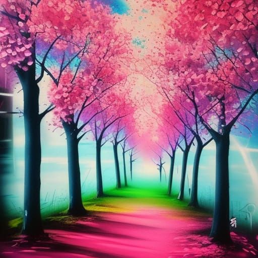 Colorful Cherry Blossom Landscape in Graffiti Art
