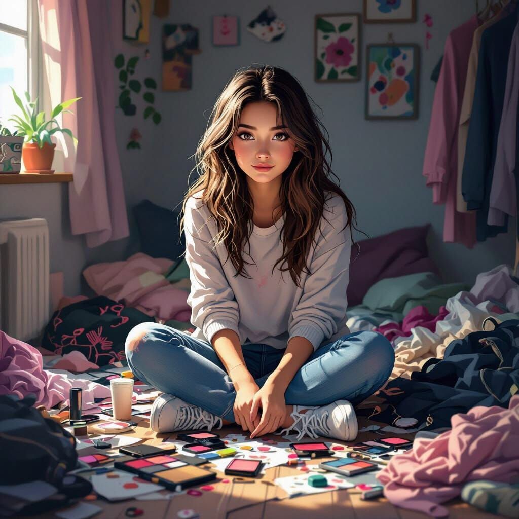 Teenage Girl in Messy Room: Digital Illustration