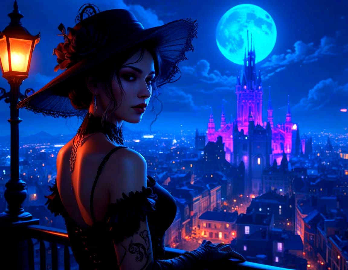 Gothic Madame in Neon Victorian Cityscape