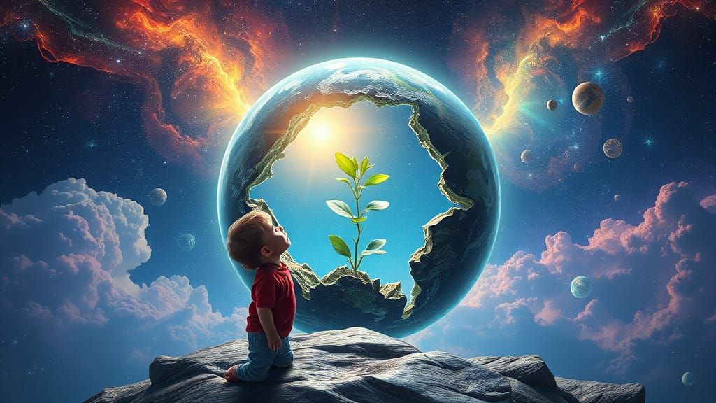 Boy and Broken Planet: Holographic Cosmic Illustration