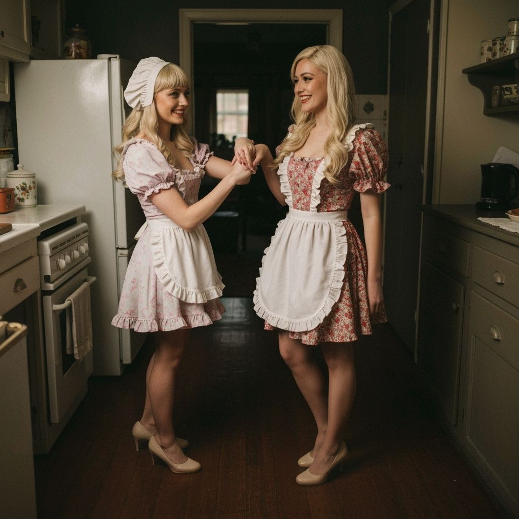 Feminine Young Man Kneels to Woman in Vintage Kitchen Scene