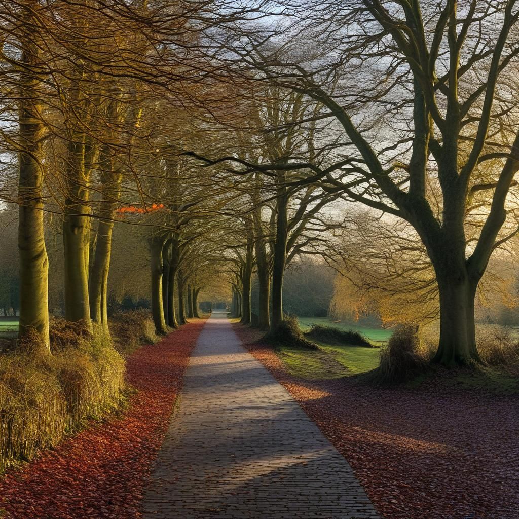 Autumn Evening Parkland Scene with Bare Trees