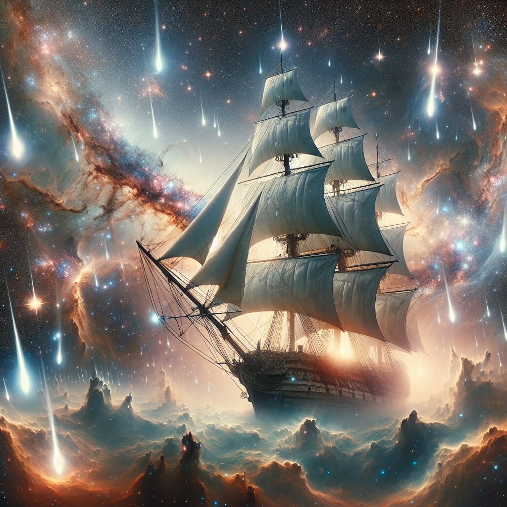 Cosmic Barque Navigates Ethereal Space Vista