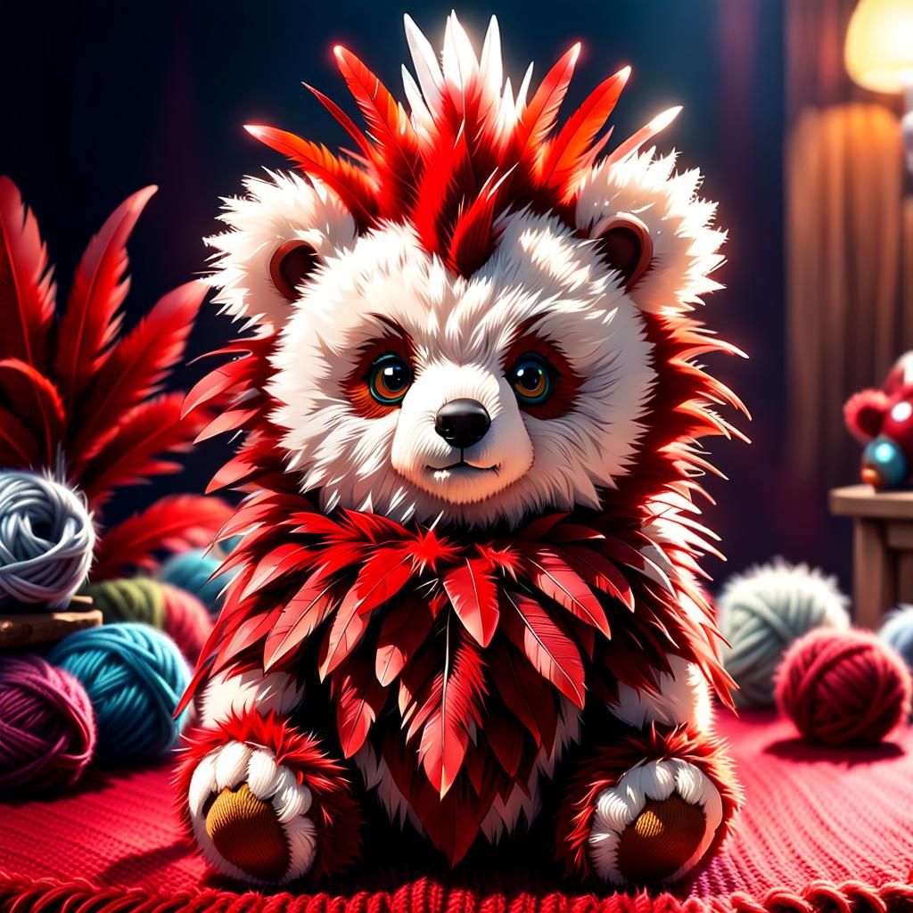 Knitted Yarn Teddy Bear with Feather Mohawk