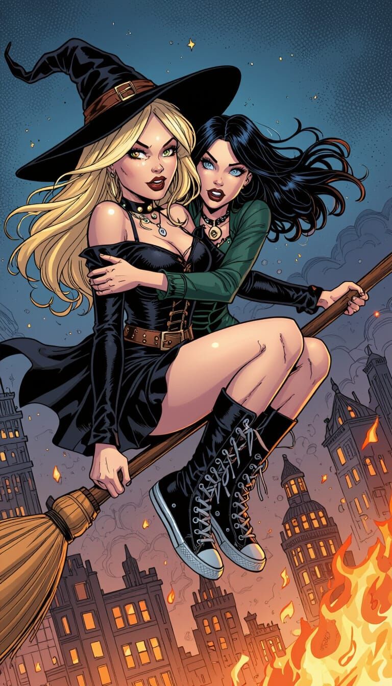 Witches Escape Burning City in Comic Book Style